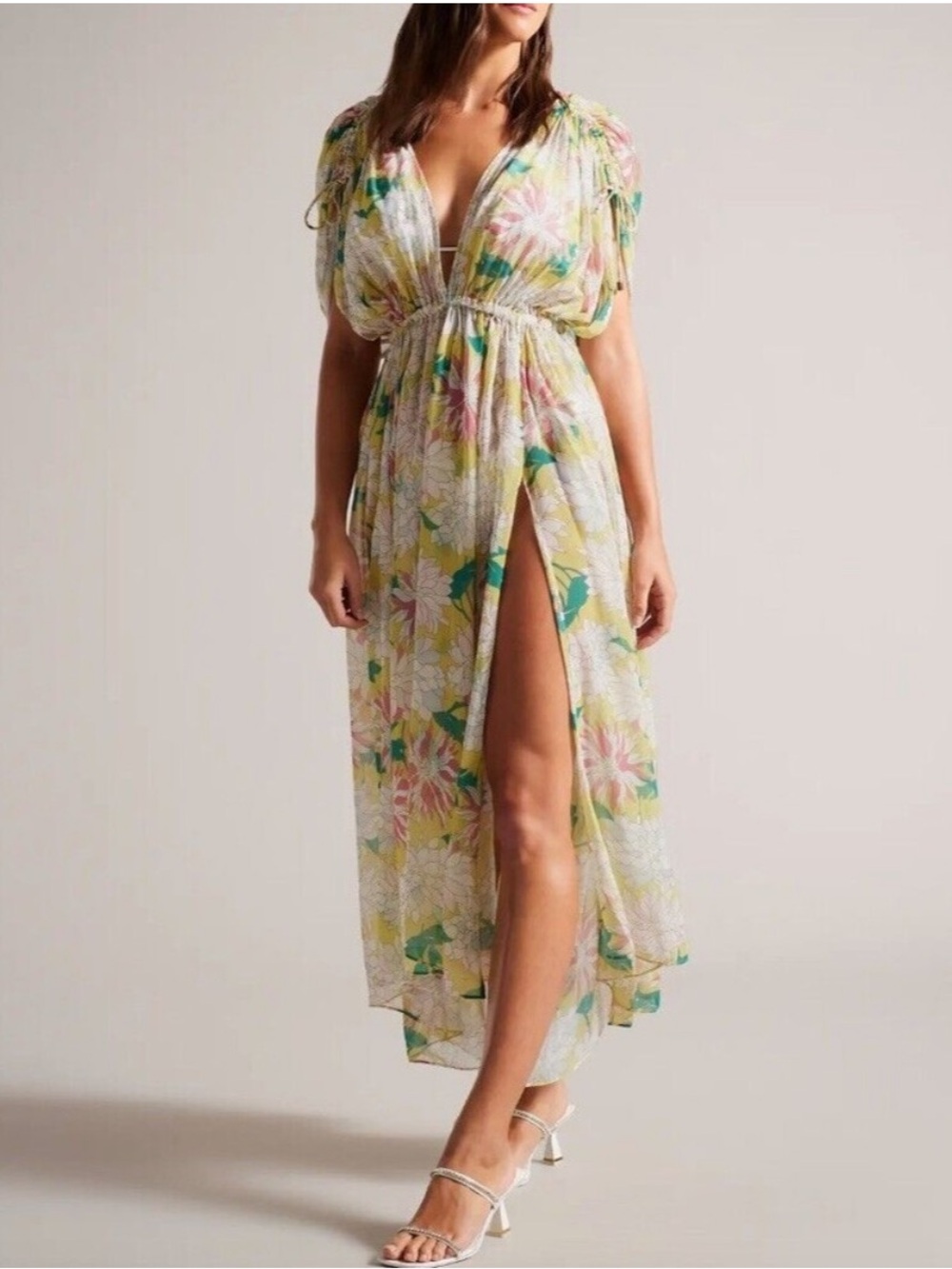 Ted Baker London Floral V-Neck Tie-Waist Swim Coverup in Pastel Yellow and Green
